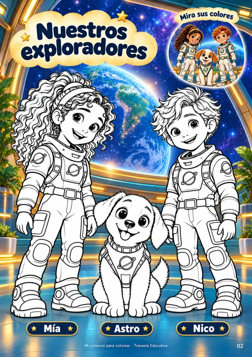 Página de Mi universo para colorear: Mía, Astro y Nico para pintar