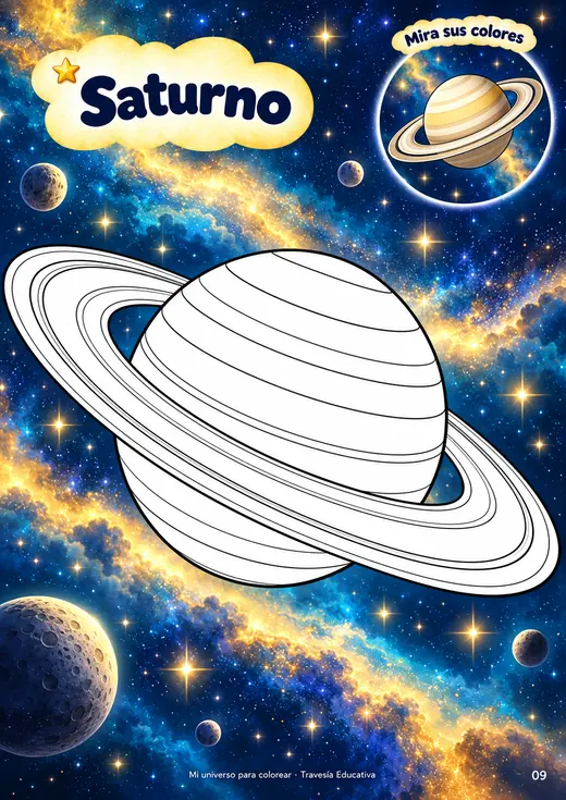 Página de Mi universo para colorear: Saturno para pintar, con su referencia de colores
