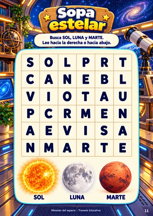 Página de Misiones del espacio: sopa estelar